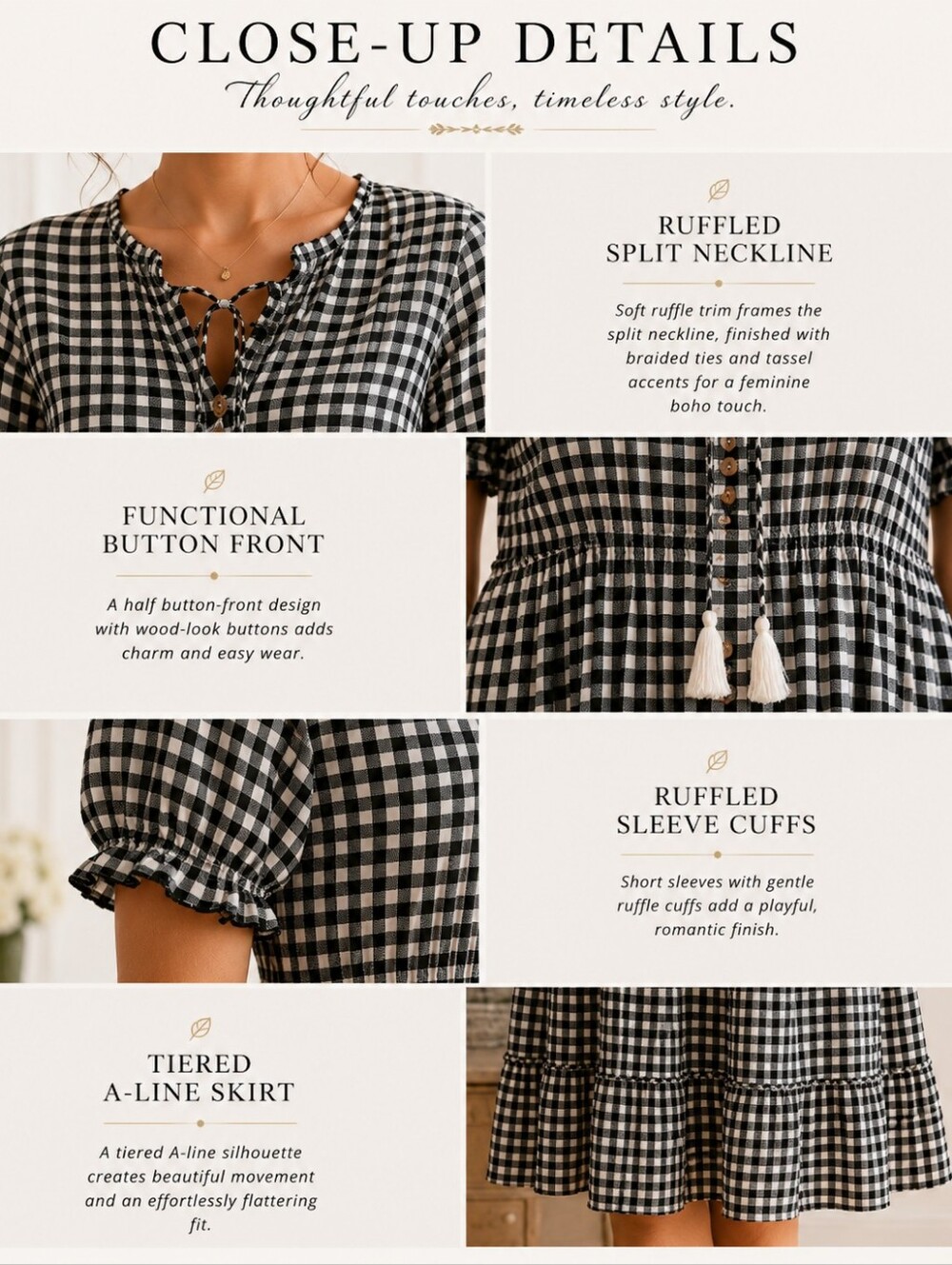 Seasty | Black & White Gingham Tiered Midi Dress | Size Medium | Cottagecore - Picture 3 of 9